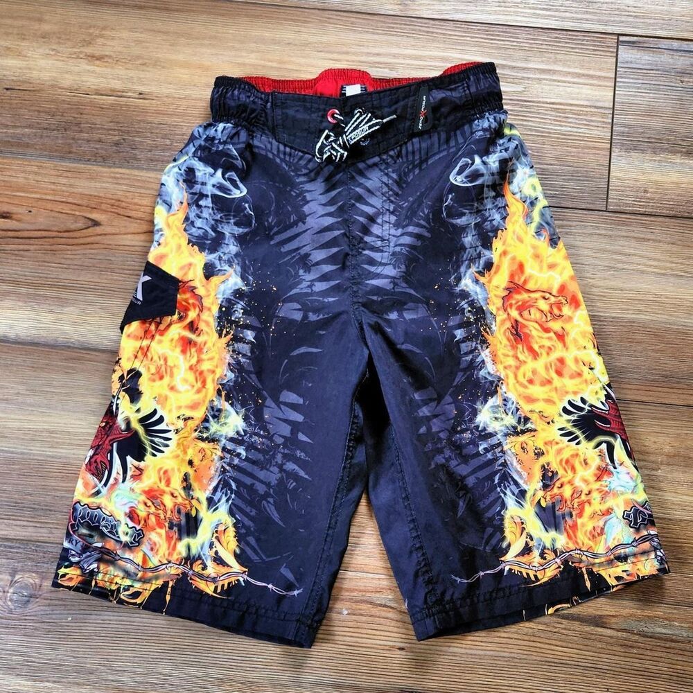 Youth 10/12 Tribal Dragon Flames Swim Trunks Punk Grunge Emo Summer Beach